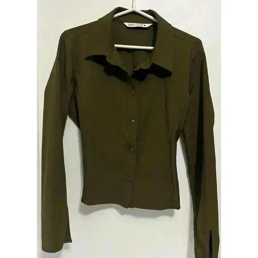ZARA Olive Green Fitted Button Down Top | Earthy Minimalist